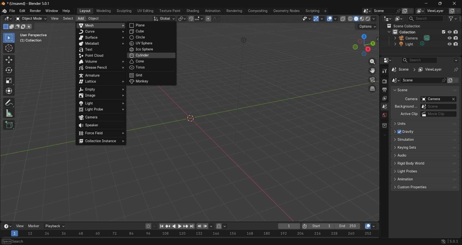 Adding a Cylinder in Blender